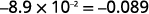 The image displays the conversion of -8.9 x 10^-2 into its decimal form, -0.089, illustrating how multiplying by 10 to the power of a negative exponent shifts the decimal point to the left.