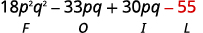 A mathematical expression reads 18p^2q^2 - 33pq + 30pq - 55. The number 55 is highlighted in red. Below the terms are the letters F, Q, I, L, suggesting a mnemonic or a problem structure.