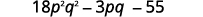 The image displays the algebraic expression 18p^2q^2 - 3pq - 55, featuring terms with variables p and q raised to powers, and a constant.