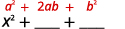The image shows two algebraic expressions: 'a² + 2ab + b²' in red, and 'x² + ___ + ___' in black with blank spaces, indicating a problem related to perfect square trinomials.