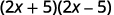 A mathematical expression showing the product of two binomials, (2x + 5)(2x - 5), which is a classic example of the difference of squares factorization.