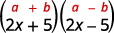 The mathematical expression (a+b)(a-b) paired with (2x+5)(2x-5), illustrating the difference of squares algebraic identity.