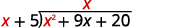 Polynomial long division problem where x^2 + 9x + 20 is being divided by x + 5, with 'x' as the first term of the quotient.
