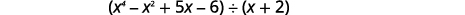 A mathematical expression showing the division of a polynomial (x^4 - x^2 + 5x - 6) by a binomial (x + 2).