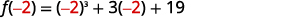 A mathematical equation is displayed: f(-2) = (-2)^3 + 3(-2) + 19, showing the substitution of -2 into a function.
