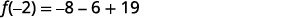 A mathematical equation is displayed against a white background, reading 'f(-2) = -8 - 6 + 19'.
