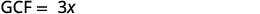 The image displays the text 'GCF = 3x' in a bold, gray font against a plain white background, indicating a mathematical equation or a definition of the Greatest Common Factor.