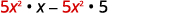 A mathematical expression 5x^2 * x - 5x^2 * 5, which can be factored as 5x^2(x - 5). The numbers and variables are colored in red and black against a white background.