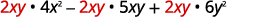 The image displays the mathematical expression 2xy * 4x^2 - 2xy * 5xy + 2xy * 6y^2, with the term '2xy' highlighted in red in each part, suggesting it's a common factor to be extracted.
