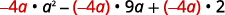 The algebraic expression -4a * a^2 - (-4a) * 9a + (-4a) * 2, illustrating a common factor of -4a in a polynomial.