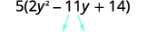 Mathematical expression 5(2y^2 - 11y + 14) with arrows highlighting the -11y term, likely for breaking it down during factorization.