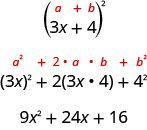 In open parentheses 3x plus 4 close parentheses squared, 3x is a and 4 is b. Writing it as a squared plus 2ab plus b squared, we get open parentheses 3x close parentheses squared plus 2 times 3x times 4 plus 4 squared. This is equal to 9 x squared plus 24x plus 16.