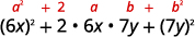 The perfect square trinomial formula (a^2 + 2ab + b^2) demonstrated with an example: (6x)^2 + 2(6x)(7y) + (7y)^2.