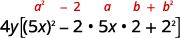 A mathematical expression showing the expansion of a perfect square trinomial inside brackets, specifically 4y[(5x)^2 - 2 * 5x * 2 + 2^2], with a^2 - 2ab + b^2 annotated in red above it.