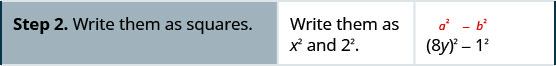 Step 2 is to write both terms as squares, So, we have open parentheses 8y close parentheses squared minus 1 squared.