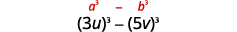 A mathematical image showing the difference of cubes identity: a³ - b³ in red, followed by a specific application of the formula: (3u)³ - (5v)³.