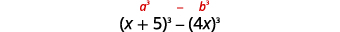 The image displays the difference of cubes formula a^3 - b^3 in red, above an example expression (x + 5)^3 - (4x)^3, demonstrating its algebraic application.