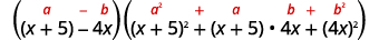 A mathematical expression illustrating the difference of cubes factorization (a-b)(a^2+ab+b^2), with 'a' representing (x+5) and 'b' representing 4x.
