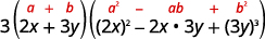 A mathematical expression 3(2x + 3y)((2x)^2 - 2x * 3y + (3y)^3) is shown. Red annotations 'a', 'b', 'a^2', 'ab', 'b^2' suggest an algebraic identity, but the last term is cubed, not squared.