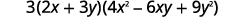A mathematical expression showing the factorization 3(2x + 3y)(4x^2 - 6xy + 9y^2), which simplifies to 3(8x^3 + 27y^3).