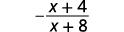 A mathematical expression showing a negative fraction: minus, then a fraction bar, with (x + 4) in the numerator and (x + 8) in the denominator.