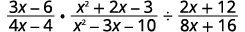 A mathematical problem showing the multiplication and division of three rational algebraic expressions: (3x-6)/(4x-4) * (x^2+2x-3)/(x^2-3x-10) / (2x+12)/(8x+16).