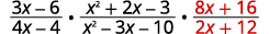 A multiplication problem involving three rational algebraic expressions: (3x-6)/(4x-4), (x^2+2x-3)/(x^2-3x-10), and (8x+16)/(2x+12). The last expression is in red.