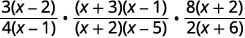 An algebraic expression showing the product of three rational functions: (3(x-2) / 4(x-1)) multiplied by ((x+3)(x-1) / (x+2)(x-5)) multiplied by (8(x+2) / 2(x+6)).