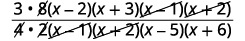 Simplification of a rational algebraic expression, showing common factors (x-1) and (x+2) being cancelled from both the numerator and denominator, along with numerical terms 8, 4, and 2.