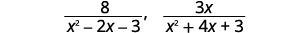 Two algebraic fractions are displayed side-by-side. The first fraction is 8 over (x^2 - 2x - 3), followed by a prime symbol. The second fraction is 3x over (x^2 + 4x + 3).