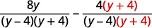 An algebraic expression showing the subtraction of two rational terms, each with a numerator of 8y and 4(y+4) respectively, and a common denominator of (y-4)(y+4).