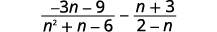 A mathematical expression showing the subtraction of two algebraic fractions. The first fraction is (-3n-9)/(n^2+n-6) and the second is (n+3)/(2-n).