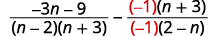 Mathematical expression involving the subtraction of two rational functions. The second term includes a -1 factor in both its numerator and denominator, shown in red.