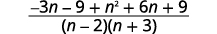 An algebraic fraction with a numerator of -3n - 9 + n^2 + 6n + 9 and a denominator of (n-2)(n+3).
