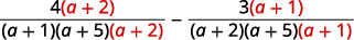 A mathematical expression showing the subtraction of two algebraic fractions. The first fraction is 4(a+2) over (a+1)(a+5)(a+2), and the second is 3(a+1) over (a+2)(a+5)(a+1).