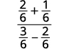 A fraction where the numerator is 2/6 + 1/6 and the denominator is 3/6 - 2/6, demonstrating addition and subtraction of fractions with a common denominator.