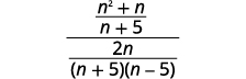 A complex algebraic fraction is displayed, with the numerator being (n^2 + n)/(n + 5) and the denominator being 2n/((n + 5)(n - 5)).