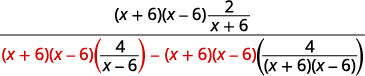 A mathematical expression displaying a fraction. The numerator has (x+6)(x-6) times 2/(x+6). The denominator subtracts two terms, both starting with (x+6)(x-6).