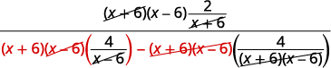 A complex algebraic fraction showing several terms being canceled out, including (x+6) and (x-6), across the numerator and the two subtracted terms in the denominator.