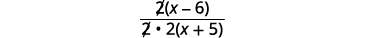 A mathematical fraction showing the simplification of 2(x-6) over 2*2(x+5), with one '2' in the numerator and one in the denominator crossed out.