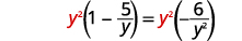 A mathematical equation is displayed, showing y^2 multiplied by (1 - 5/y) on the left side, and y^2 multiplied by (-6/y^2) on the right side, both separated by an equals sign.