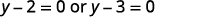 A mathematical expression states 'y - 2 = 0 or y - 3 = 0' in black text against a white background.