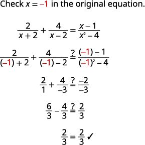 Verifying the solution x = -1 for the rational equation. By substituting x = -1 into the original equation, both sides simplify to 2/3, confirming the validity of the solution.