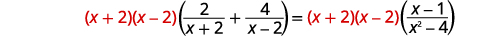 An algebraic equation is shown, with the term (x+2)(x-2) highlighted in red and appearing on both sides of the equality, multiplying other rational expressions.
