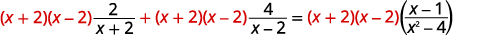 An algebraic equation with rational expressions. Each term is multiplied by the common factor (x+2)(x-2), aiming to clear the denominators before solving for x.