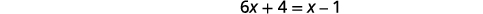 A mathematical equation is displayed, showing '6x + 4 = x - 1' in black text against a plain white background, ready for solving.