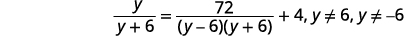 A mathematical equation is displayed: y/(y+6) = 72/((y-6)(y+6)) + 4, with conditions y ≠ 6 and y ≠ -6. The equation involves algebraic fractions and the variable 'y'.