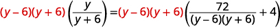 A mathematical equation where both sides are multiplied by (y-6)(y+6) to simplify a rational expression, likely a step in solving for y.