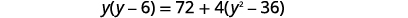 A quadratic equation is displayed, showing y(y-6) = 72 + 4(y^2-36).