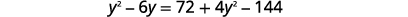 A quadratic equation is displayed: y^2 - 6y = 72 + 4y^2 - 144. This equation involves the variable 'y' raised to the power of two, along with linear terms and constants, making it suitable for algebraic manipulation to find the values of 'y' that satisfy the equation.